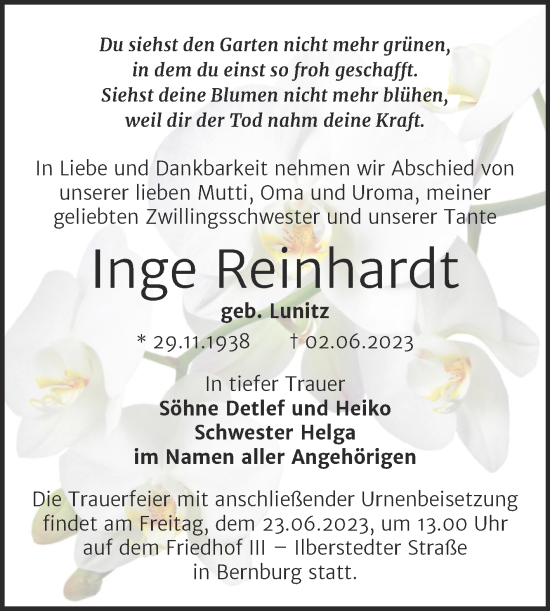 Traueranzeige von Inge Reinhardt von Trauerkombi Bernburg
