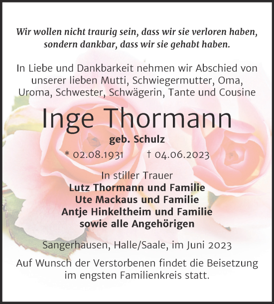Traueranzeige von Inge Thormann von Trauerkombi Sangerhausen