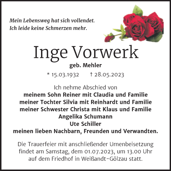 Traueranzeige von Inge Vorwerk von Trauerkombi Köthen