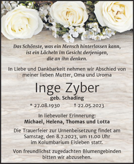 Traueranzeige von Inge Zyber von Trauerkombi Mansfelder Land