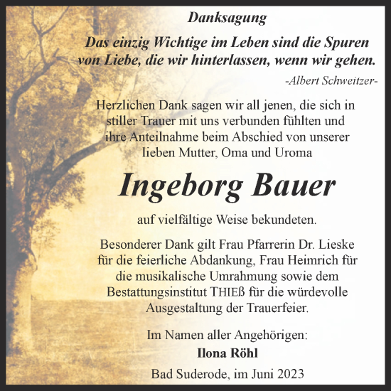 Traueranzeige von Ingeborg Bauer von Trauerkombi Quedlinburg
