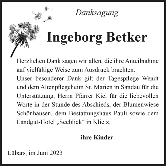 Traueranzeige von Ingeborg Betker von Volksstimme Altmark Ost