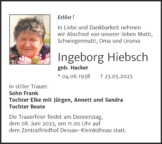 Traueranzeige von Ingeborg Hiebsch von Trauerkombi Dessau