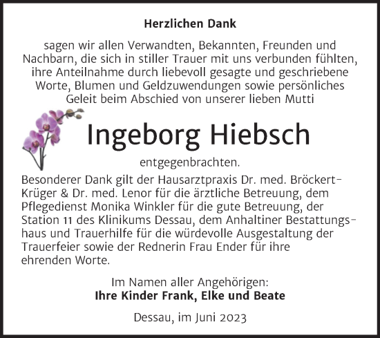 Traueranzeige von Ingeborg Hiebsch von Trauerkombi Dessau
