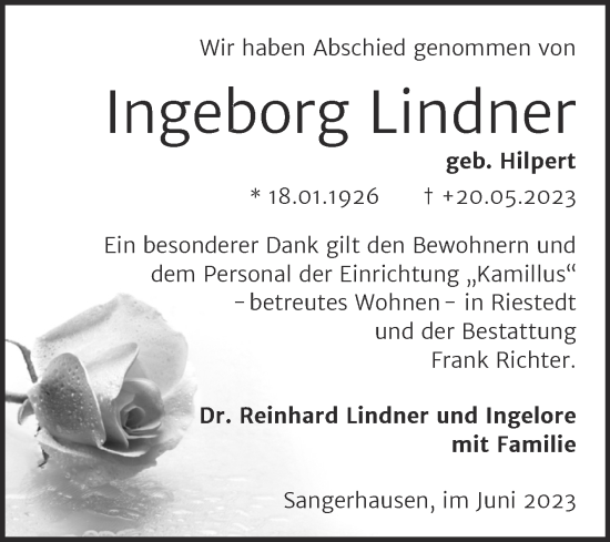 Traueranzeige von Ingeborg Lindner von Trauerkombi Sangerhausen