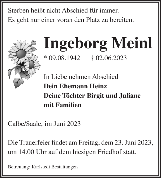 Traueranzeige von Ingeborg Meinl von Volksstimme Schönebeck