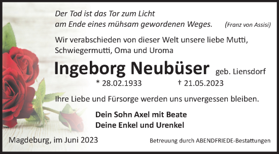 Traueranzeige von Ingeborg Neubüser von Volksstimme Magdeburg