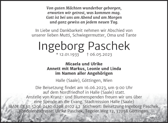 Traueranzeige von Ingeborg Paschek von Mitteldeutsche Zeitung Halle/Saalkreis