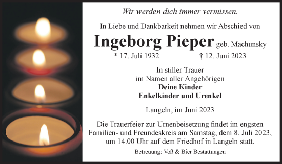 Traueranzeige von Ingeborg Pieper von Volksstimme Wernigerode