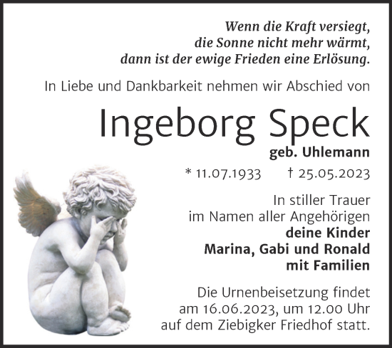 Traueranzeige von Ingeborg Speck von Trauerkombi Dessau