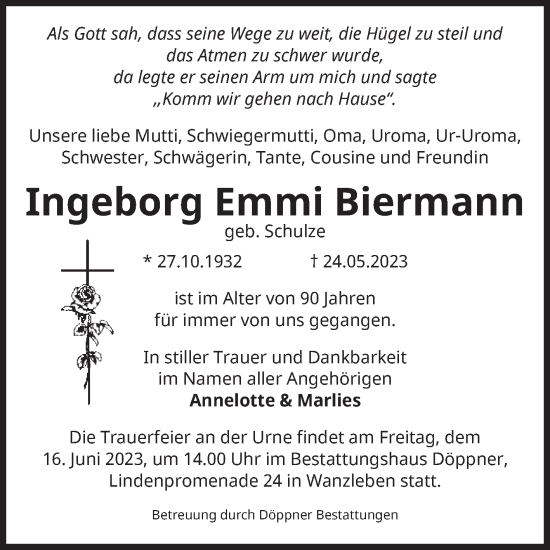 Traueranzeige von Ingeborg Emmi Biermann von Volksstimme Oschersleben/Wanzleben