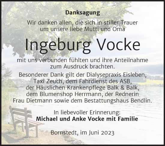 Traueranzeige von Ingeburg Vocke von Trauerkombi Mansfelder Land