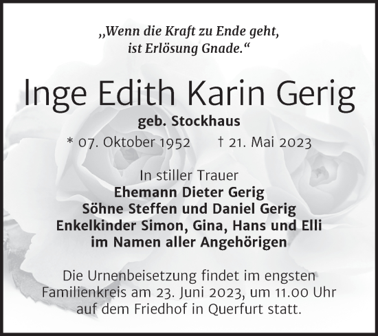Traueranzeige von Inge Edith Karin Gerig von Trauerkombi Merseburg