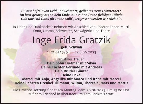 Traueranzeige von Inge Frida Gratzik von Trauerkombi Bernburg