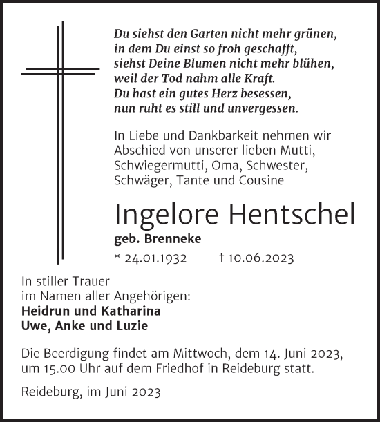 Traueranzeige von Ingelore Hentschel von Mitteldeutsche Zeitung Halle/Saalkreis