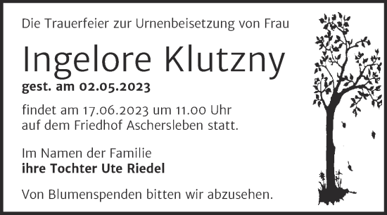 Traueranzeige von Ingelore Klutzny von Trauerkombi Aschersleben