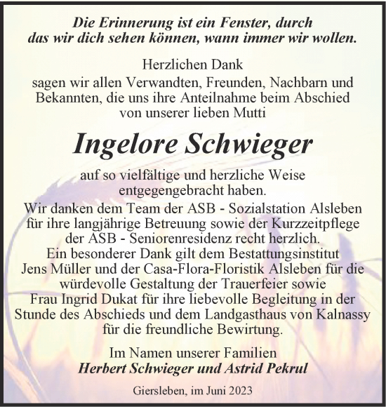 Traueranzeige von Ingelore Schwieger von Trauerkombi Aschersleben