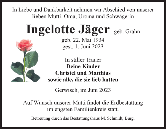Traueranzeige von Ingelotte Jäger von Volksstimme Burg/Genthin