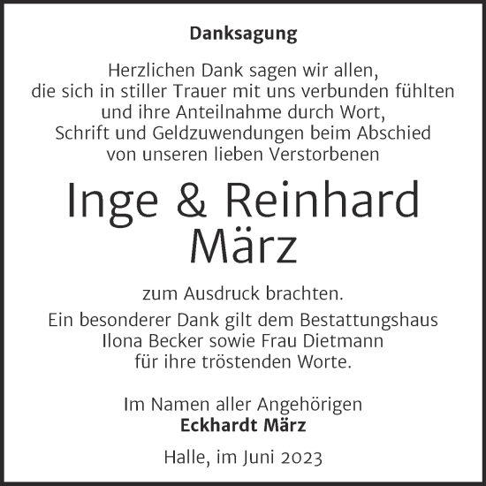Traueranzeige von Inge und Reinhard März von Trauerkombi Sangerhausen