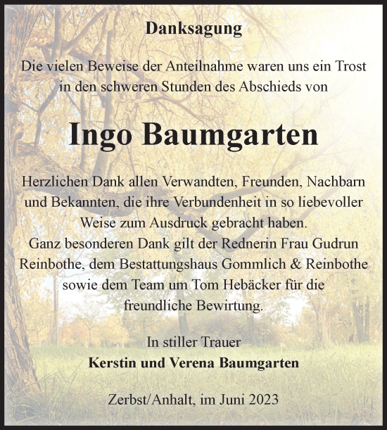 Traueranzeige von Ingo Baumgarten von Volksstimme Zerbst