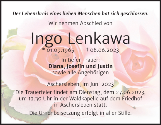 Traueranzeige von Ingo Lenkawa von Trauerkombi Aschersleben