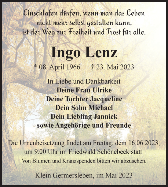 Traueranzeige von Ingo Lenz von Volksstimme Oschersleben/Wanzleben