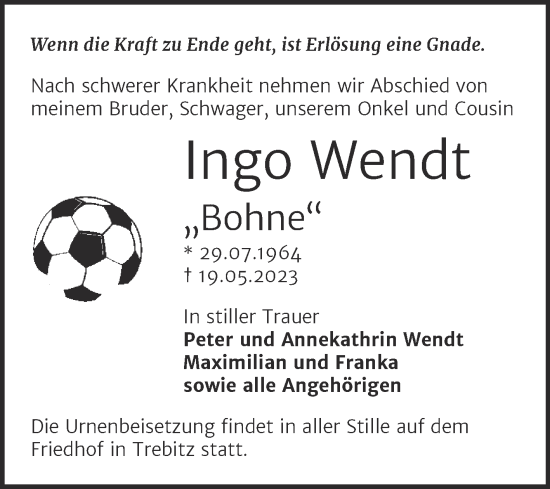 Traueranzeige von Ingo Wendt von Trauerkombi Wittenberg