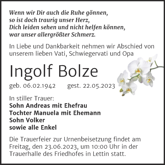 Traueranzeige von Ingolf Bolze von Mitteldeutsche Zeitung Halle/Saalkreis