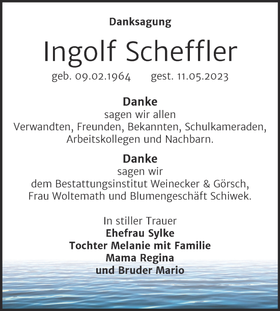 Traueranzeige von Ingolf Scheffler von Trauerkombi Bernburg