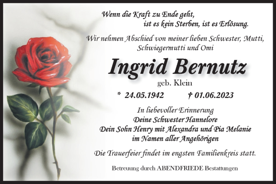 Traueranzeige von Ingrid Bernutz von Volksstimme Haldensleben/Wolmirstedt