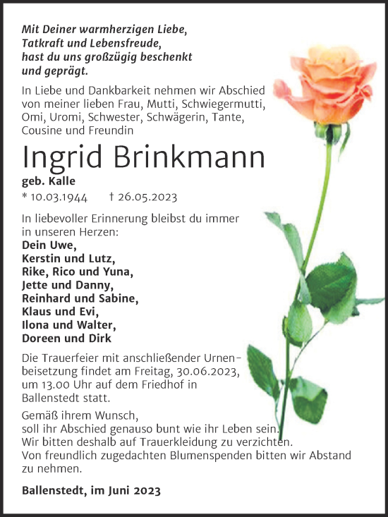 Traueranzeige von Ingrid Brinkmann von Trauerkombi Quedlinburg