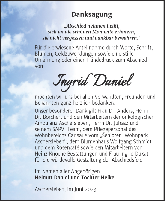 Traueranzeige von Ingrid Daniel von Trauerkombi Aschersleben