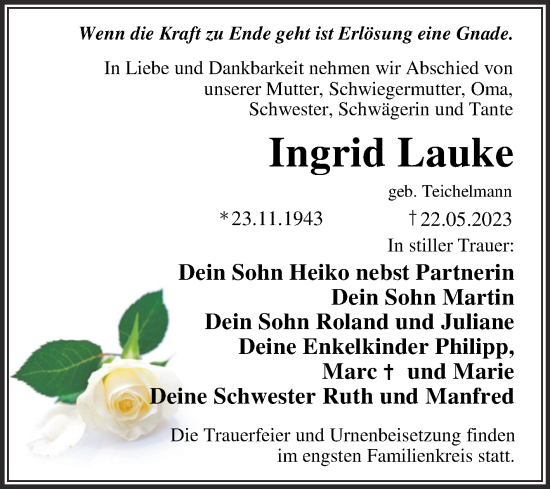 Traueranzeige von Ingrid Lauke von Trauerkombi Wittenberg