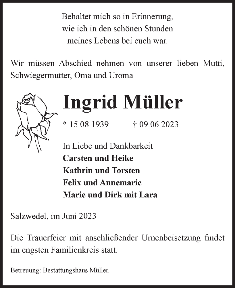  Traueranzeige für Ingrid Müller vom 13.06.2023 aus Volksstimme Altmark West