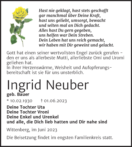 Traueranzeige von Ingrid Neuber von Trauerkombi Wittenberg