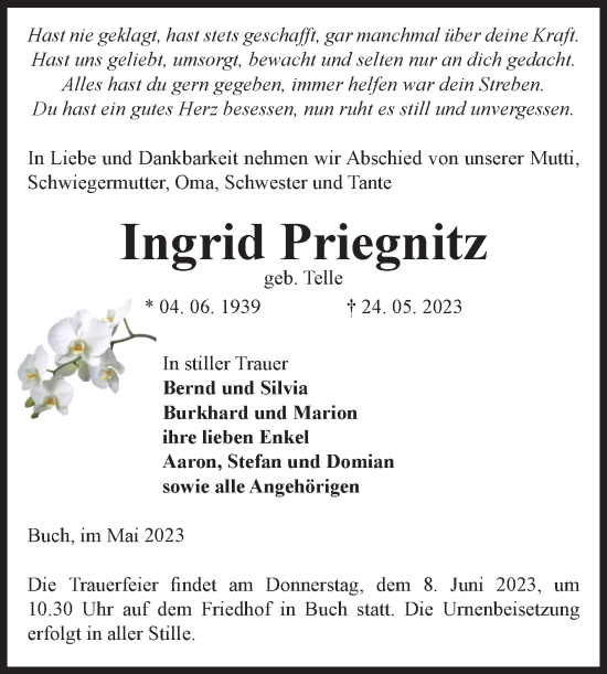 Traueranzeige von Ingrid Priegnitz von Volksstimme Altmark Ost