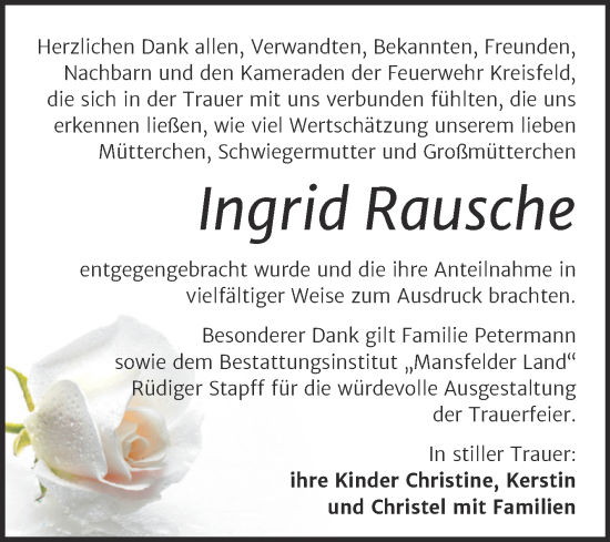 Traueranzeige von Ingrid Rausche von Trauerkombi Mansfelder Land