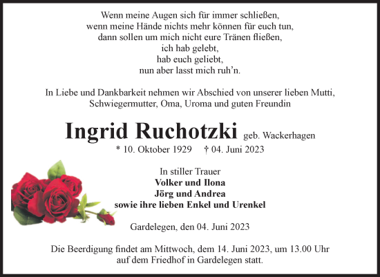 Traueranzeige von Ingrid Ruchotzki von Volksstimme Altmark West