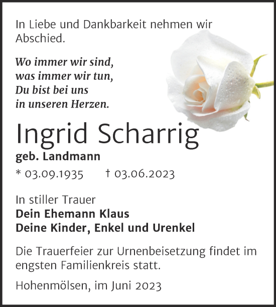 Traueranzeige von Ingrid Scharrig von Trauerkombi Weißenfels