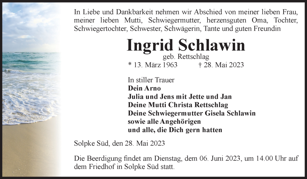  Traueranzeige für Ingrid Schlawin vom 01.06.2023 aus Volksstimme Altmark West