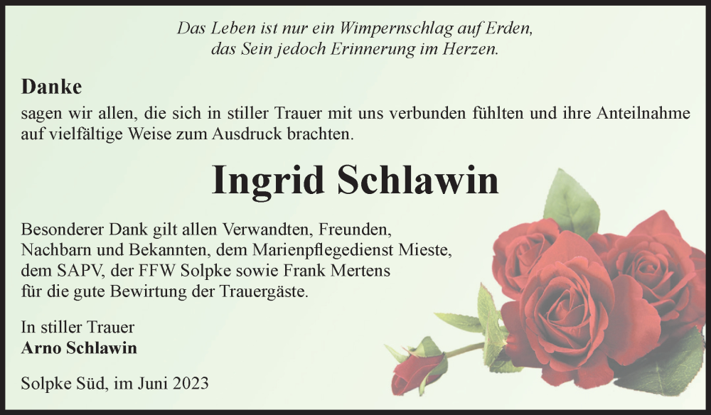  Traueranzeige für Ingrid Schlawin vom 15.06.2023 aus Volksstimme Altmark West
