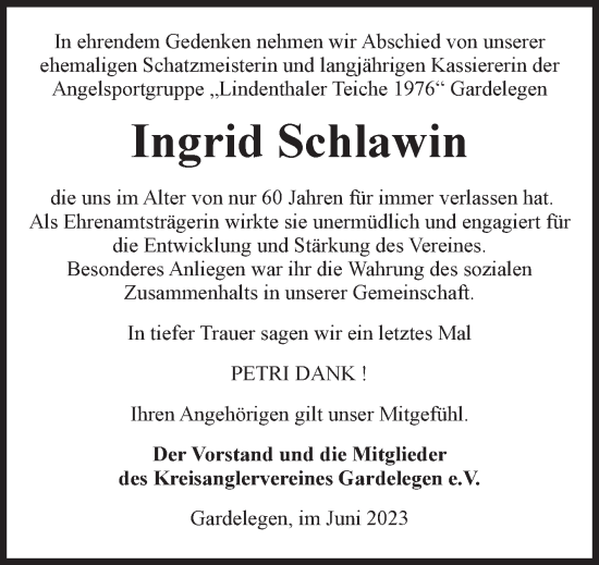 Traueranzeige von Ingrid Schlawin von Volksstimme Altmark West