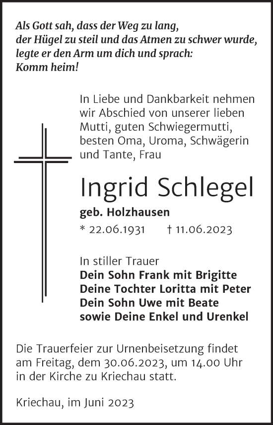 Traueranzeige von Ingrid Schlegel von Trauerkombi Weißenfels