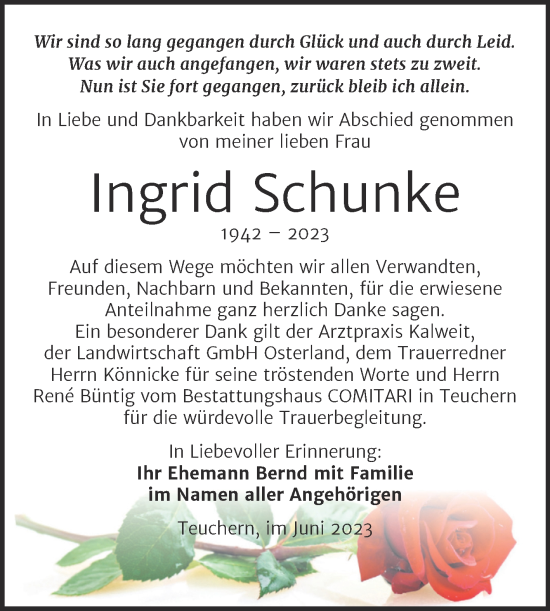 Traueranzeige von Ingrid Schunke von Trauerkombi Weißenfels