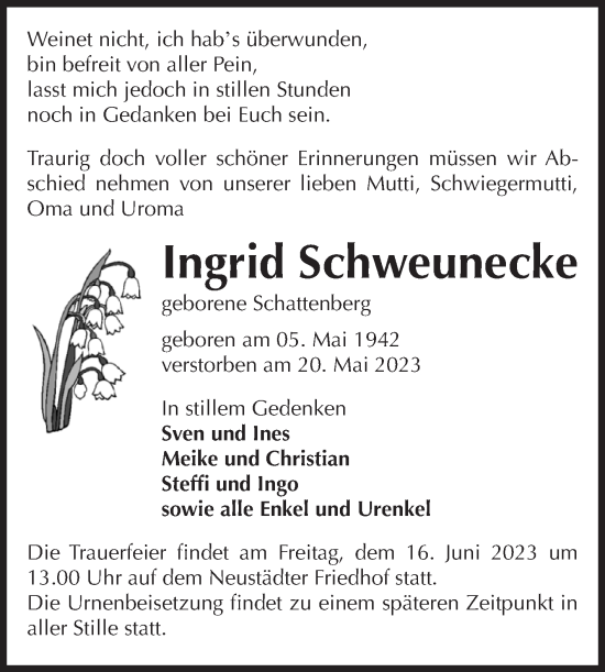 Traueranzeige von Ingrid Schweunecke von Volksstimme Magdeburg