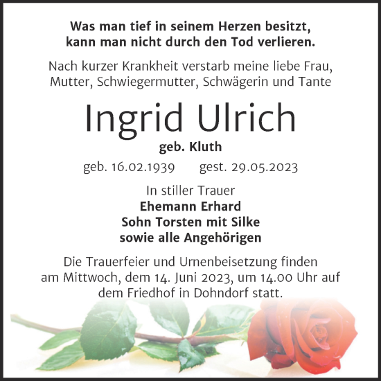 Traueranzeige von Ingrid Ulrich von Trauerkombi Köthen