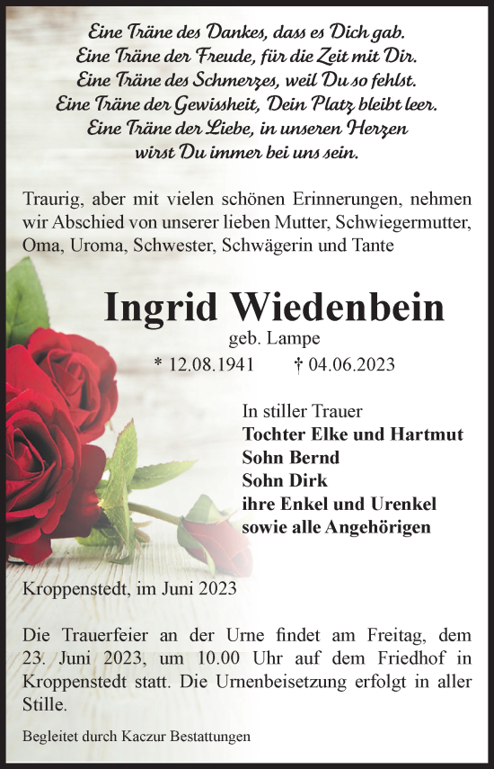 Traueranzeige von Ingrid Wiedenbein von Volksstimme Oschersleben/Wanzleben
