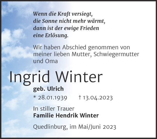 Traueranzeige von Ingrid Winter von Mitteldeutsche Zeitung Quedlingburg