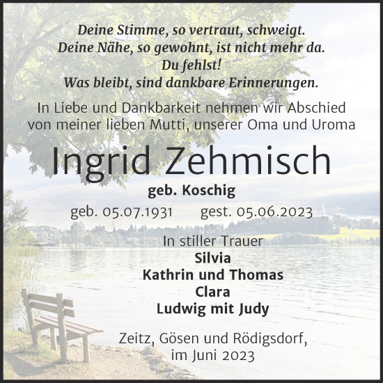 Traueranzeige von Ingrid Zehmisch von Trauerkombi Zeitz