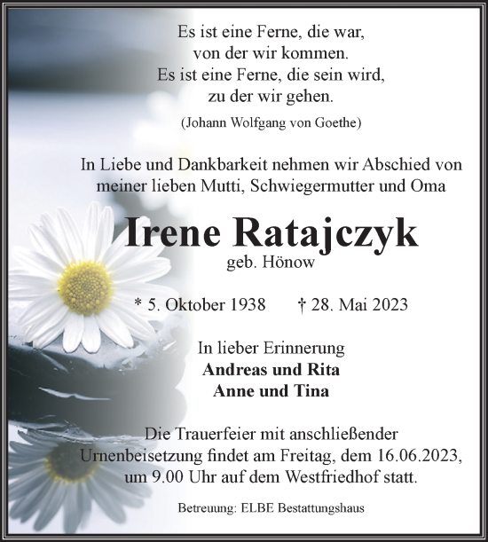 Traueranzeige von Irene Ratajczyk von Volksstimme Magdeburg